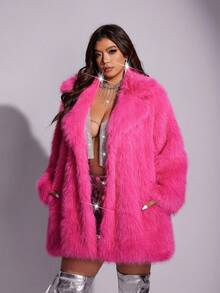 Allurite Mantel Bulu Imitasi Wanita Ukuran Besar Musim Dingin Warna Polos Lengan Panjang Longgar Modis Panjang Sedang - Hot Pink - View 3