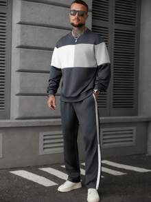 Manfinity Homme Men's Contrast Color Crew Neck Pullover Sweatshirt With Pockets And Sweatpants Set,2 Pieces Light Grey Autumn Baggy Gym Jogger Tracksuit Sweat Suit - Grey - View 5