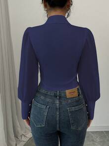 Elenzga Elegant Design Cropped Cardigan Shirt, Fitted Silhouette, Sheer Puff Sleeves, Versatile Classic White Blouse - Navy Blue - View 2