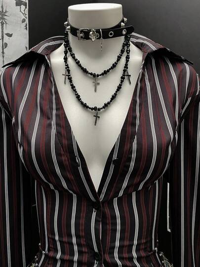 EgrlEra Women's Striped Print Punk Style Sexy Long Sleeve Shirt