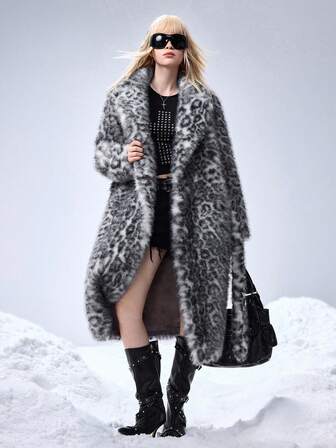 Grunge Punk Women's Fashionable Leopard Print Faux Fur Coat, Autumn/Winter