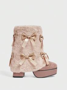 Sugerpunk 女士蝴蝶结毛绒流苏高跟厚底踝靴，杏仁色，温暖可爱的圣诞风格，冬季 - 杏色 - 查看 4