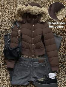 Franclia Short Front Button Hooded Padded Coat With Fur Collar, Warm Winter - Brown - View 1