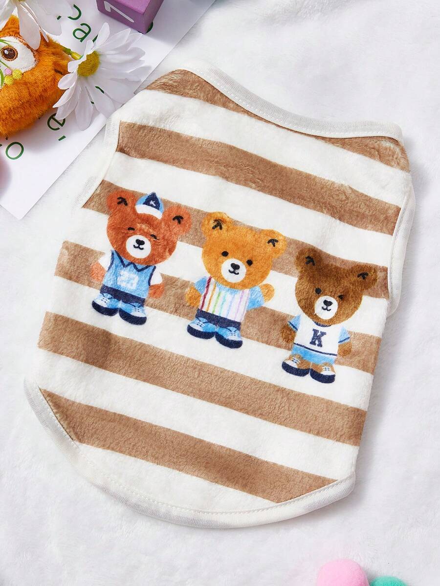 PETSIN 1 pieza Camiseta de tirantes para mascotas con estampado de osito atleta lindo, a rayas, de franela gruesa y cálida para otoño/invierno - Multicolor - Ver 1