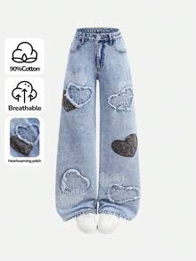 Girlism 少女时尚休闲 Y2K 复古酷炫街头风回归校园学院风豹纹心形拼接蓝色牛仔宽松阔腿牛仔裤日常穿搭秋冬秋季锐舞节和街头服饰 - 藍色 - 查看 3