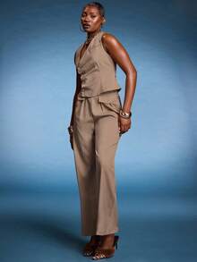 Normani 2025夏季新款时尚音乐节及毕业典礼休闲套装：亚麻质感无袖上衣，纽扣设计，搭配卡其色直筒裤，适合休闲、海滩、日常穿着/亚麻裤套装/夏季裤装套装/女士夏季服装/阔腿裤套装 - 卡其色 - 查看 5