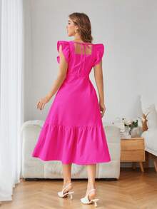 Revavyn Váy cổ vuông mùa hè giản dị có viền bèo nhún và chi tiết thắt lưng trang phục đi nghỉ cho nữ - Màu Hồng Tươi - Xem 2