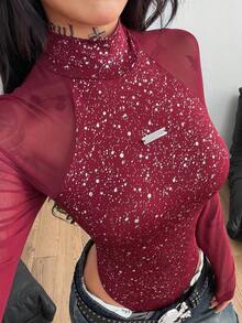 Coolane 女士春夏音乐节派对透气网纱弹力连体衣，情人节