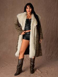Rustia Plus Size Leopard Print Wool Blend Coat With Faux Fur Collar, Mid-Length, Winter - Brown - View 7