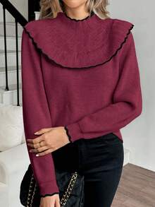 Elenzga Jersey de mujer elegante con dobladillo de volantes y ribete de contraste - Morado - Ver 3
