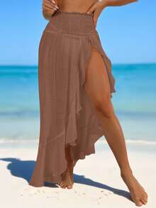 Swim Vcay Springbreak Women's Pleated Waist Lotus Edge Sheer Beach Maxi Dress With Slits For Summer Beach Vacation - Khaki - View 3