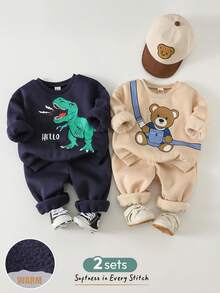 Cozy Pixies 2 pièces Ensemble sweat-shirt à col ras-du-cou à manches longues et pantalon à taille élastique avec motifs de dinosaure et d'ours de bande dessinée pour bébé garçon - Kaki - Voir 1