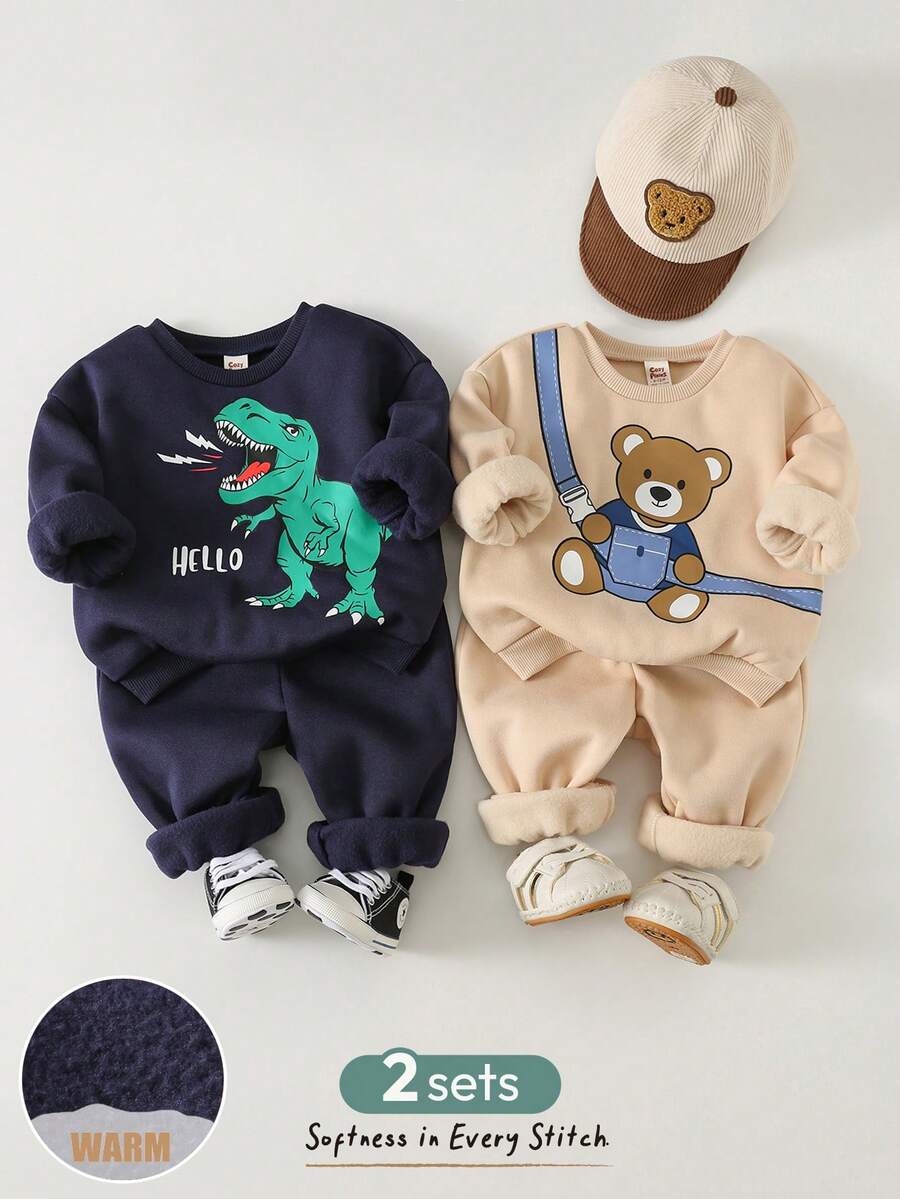 Cozy Pixies 2 pièces Ensemble sweat-shirt à col ras-du-cou à manches longues et pantalon à taille élastique avec motifs de dinosaure et d'ours de bande dessinée pour bébé garçon - Kaki - Voir 1