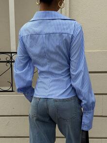 Siren Gaze 女士蓝白条纹收腰斜襟衬衫，秋冬款 - 藍色 - 查看 2