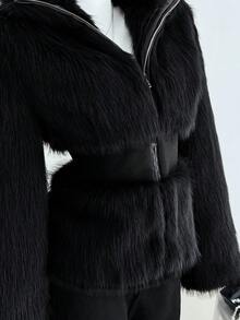 Elamini Brown Faux Fur Patchwork Waist Design Slim Fit Stand Collar Zip-Up Long Sleeve Women Jacket - Black - View 4