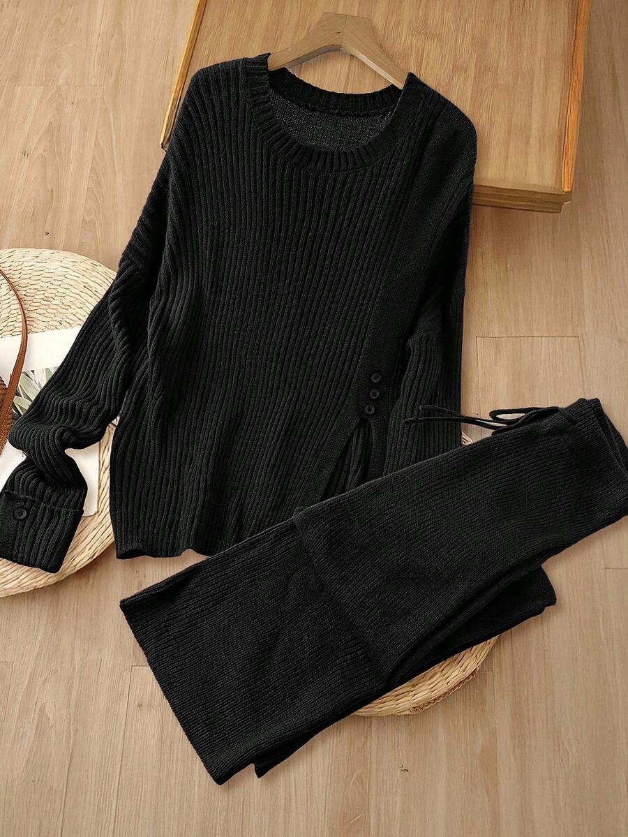 Rusticease Women's Solid Color Round Neck Drop Shoulder Long Sleeve Side Slit Sweater And Wide Leg Pants Casual 2-Piece Set, Autumn/Winter - Black - View 1