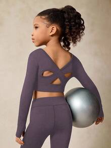 女童运动套装，高弹长袖，交叉镂空露背设计，返校休闲装