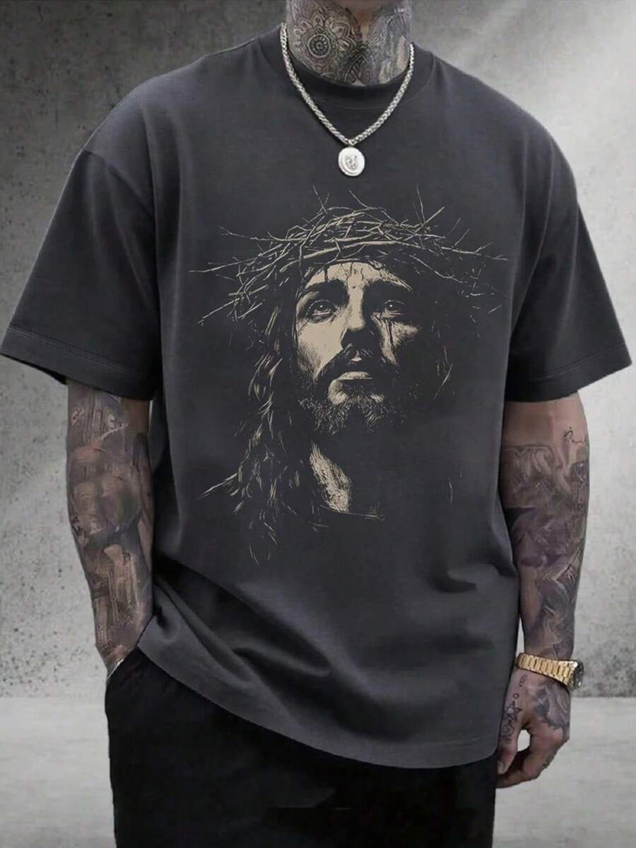 Manfinity Dauomo Men's Jesus Portrait Graphic Short Sleeve T-Shirt