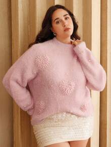 Anewsta Elegante y lujoso suéter de cuello alto de terciopelo con flores y corazones de strass, estilo francés, talla grande, adecuado para otoño, invierno, fiestas y Navidad - Rosa - Ver 4