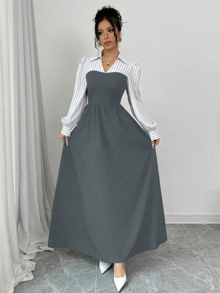 Elenzga Đầm dài kẻ sọc đen trắng, thiết kế thanh lịch cho trang phục Maxi mùa thu dành cho nữ - Xám - Xem 1