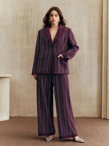 Anewsta Traje de blazer y pantalones a rayas con strass elegante y de talla grande - Morado - Ver 4