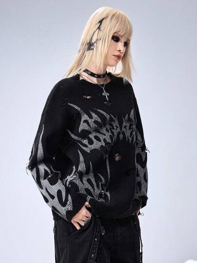 Grunge Punk Suéter holgado con estampado de espinas de estilo punk Y3K