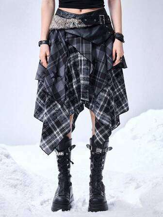 Grunge Punk Minifalda A-line con parches de cuadros, teñido anudado y flecos de PU con estilo grunge