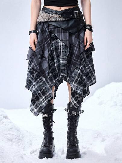 Grunge Punk Minigonna a-line in pelle sintetica con frange, patchwork a quadri e stampa tie-dye a tema grunge