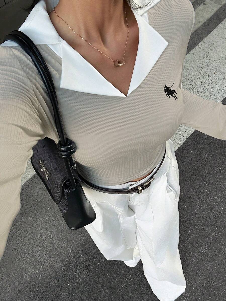 女士休闲撞色滚边衬衫，秋季 - 卡其色 - 查看 1