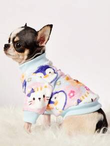 PETSIN 1 件企鹅图案法兰绒宠物服，厚实保暖的蓝色法兰绒宠物服装 - 藍色 - 查看 3