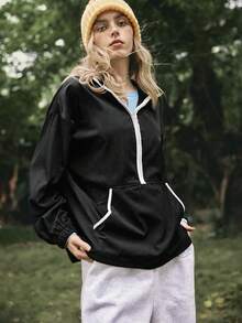 Medorelle Boho Winter  Christmas  New Year  Party   Black & White Color Block Metal Zipper Pullover Sports Jacket For Women Casual Athleisure Sport Activewear Summer - Black - View 5
