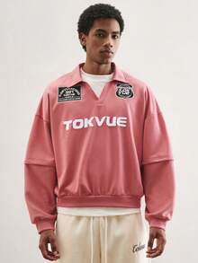 TOKVUE Sudadera holgada de manga larga con cuello vuelto y bordado de letras para hombre - Rojo - Ver 1