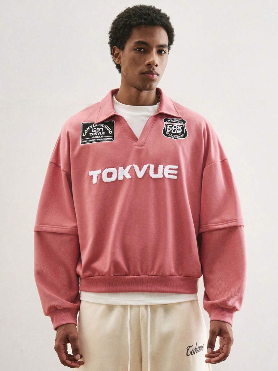 TOKVUE Sudadera holgada de manga larga con cuello vuelto y bordado de letras para hombre - Rojo - Ver 1
