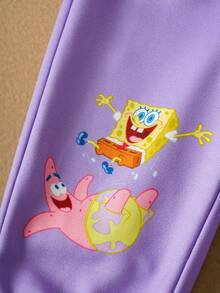 SpongeBob SquarePants | SHEIN Baby Girl Cartoon Pattern Contrast Color Long Sleeve Sweatshirt And Pants Set - Purple - View 8