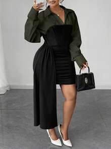 Maweii Plus Size Asymmetrical Ruffle Hem Contrast Color Block Bodycon Dress - Dark Green - View 2
