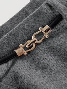 SHEIN MOD High Waist Metal Belt A-Line Knitted Fleece Fabric Skirt, Autumn/Winter - Dark Grey - View 3
