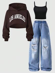 SHEIN Explorewe 3件套：Tween City 名字印花短款连帽衫、简约肩带吊带背心和破洞阔腿牛仔裤 - 摩卡棕 - 查看 4