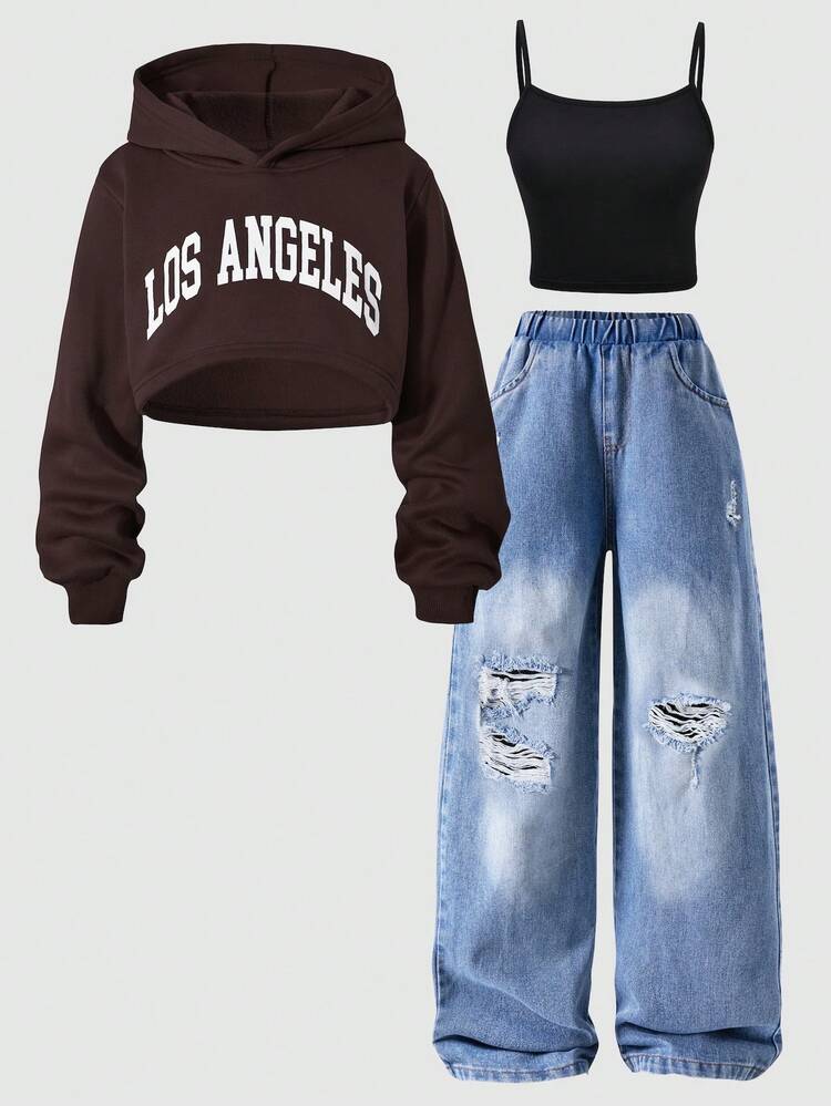 SHEIN Explorewe 3点セット: ツイーンシティネームプリントクロップドパーカー、シンプルショルダーストラップキャミソール、そして加工感のあるワイドレッグジーンズ - モカブラウン - 見る 4