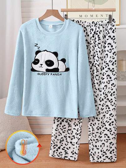 Teen GirlGrey-Blue Plush Sweatshirt With Panda Embroidery Pattern, Paired With Leopard Print Plush Thick & Comfortable Long Sleeve Pants, Loungewear Set