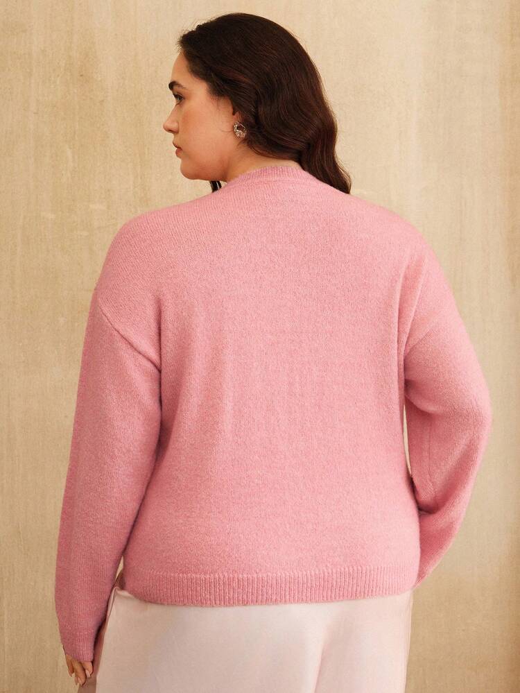 Elegant Plus Size Chunky Knit Sweater With Embroidered Cherry Cat Design, Suitable For Autumn, Winter, Formal, Party, Chic, Christmas, Plus Size
