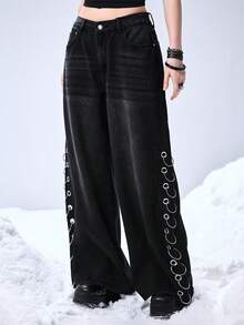 ROMWE Grunge Punk Relaxed Fit Grunge Distressed Vintage Oversized Cross & Vine Print Women Jeans - Black - View 7