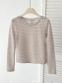 SHEIN 少女杏色圆领条纹针织纹理T恤上衣，秋冬季 - 杏色 - 查看 4