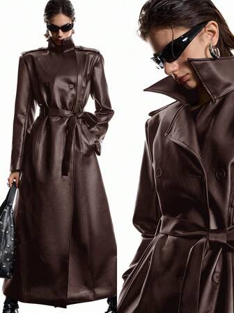 LYSMO New Minimalist Coffee Brown PU Leather Long Sleeve Tie-Up Fashion Trench Coat, Women's Autumn/Winter Wear, New Year, Christmas Styling, Street Style, Stockholm Style