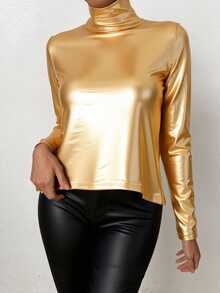 Mujer blusa elegante estilo moderno acabado metálico brillante diseño ajustado cuello alto manga larga otoño invierno fiestas blusa - Dorado - Ver 2