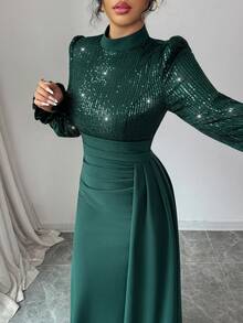 SHEIN Elenzya 女士优雅亮片装饰长袖收腰连衣裙，适合宴会、派对、婚礼宾客、新年、圣诞节等场合。 - 墨綠色 - 查看 4