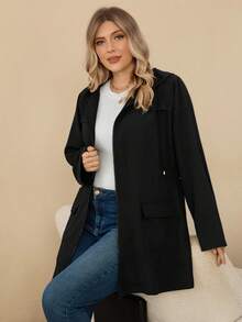 Rosumi Plus Size Women's Autumn Casual Solid Color Zip-Up Waterproof Casual Black Hooded Jacket,Cinched Waist Black Lightweight Hooded Trench Coat With Pockets, Fall Women Clothes,Fall,Winter Clothes For Women,Vintage,Going Out Outfits,Fall Clothes For Women,Fall Outfits,Winter Jacket,Trench Coat,Winter Jacket For Women,2025 New