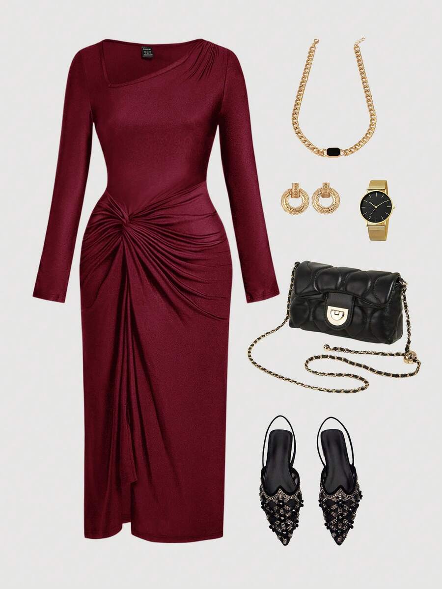 SHEIN MOD Vestido largo elegante de cuello asimétrico con pliegues y torsión, talla grande en color borgoña - Burdeos - Ver 1