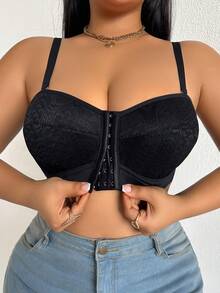 DesireSculpt 1pc Plus Size Women Lace Patchwork Wireless Bra - Black - View 8
