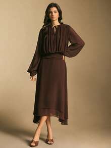 Poéselle Women's Solid Color Tie Collar Lantern Sleeve Ruched Elegant Dress, Elegant Dresses For Women,Casual Dress For Women,Casual Outfit For Women, New Year Outfit,Christmas Party Dress,Women's Winter Dress ,Suitable For Daily Wear, Going Out, Commuting Fall/Winter - Coffee - View 5