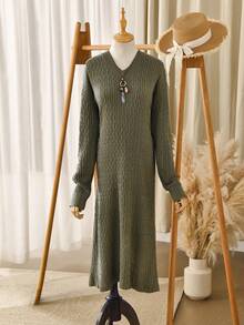 Rusticease Women's Solid Color Minimalist V-Neck Long Sleeve Sweater Dress, Casual Everyday Wear Winter Clothes For Women - Green - View 3
